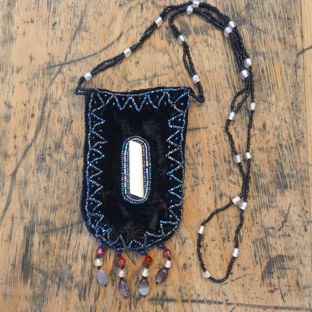 Velvet Beaded Pouch Medicine Bag Trinket‎ Pouch Necklace Boho Festival Handmade